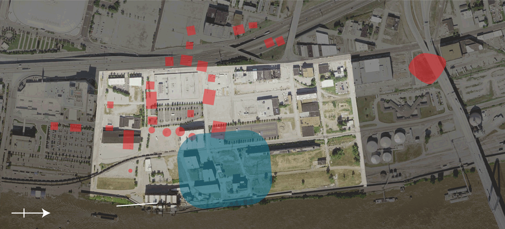 Former mound locations in relation to the proposed stadium site.